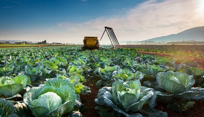 a field of cabbage brassica oleracea being harvested for fresh market sales