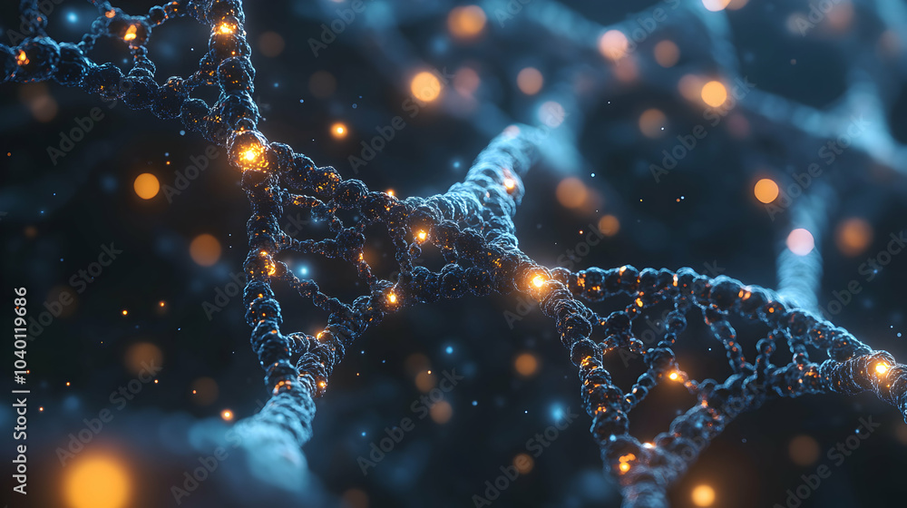 Poster neural pathways intertwined with dna molecules, illustrating complex biological networks and connect