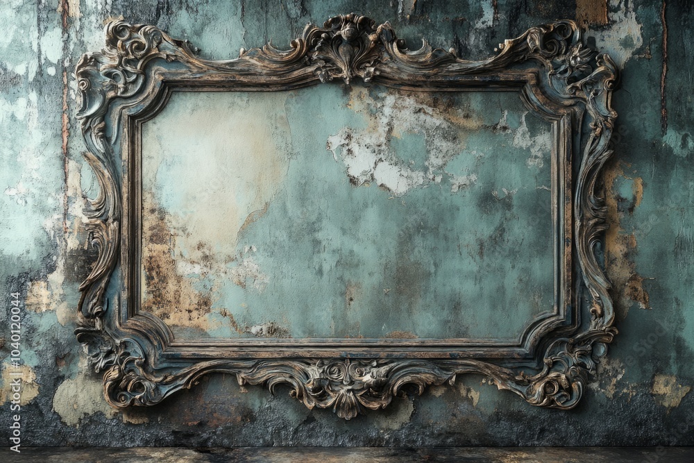 Poster empty ornate frame hanging on a distressed wall background. copy space for text