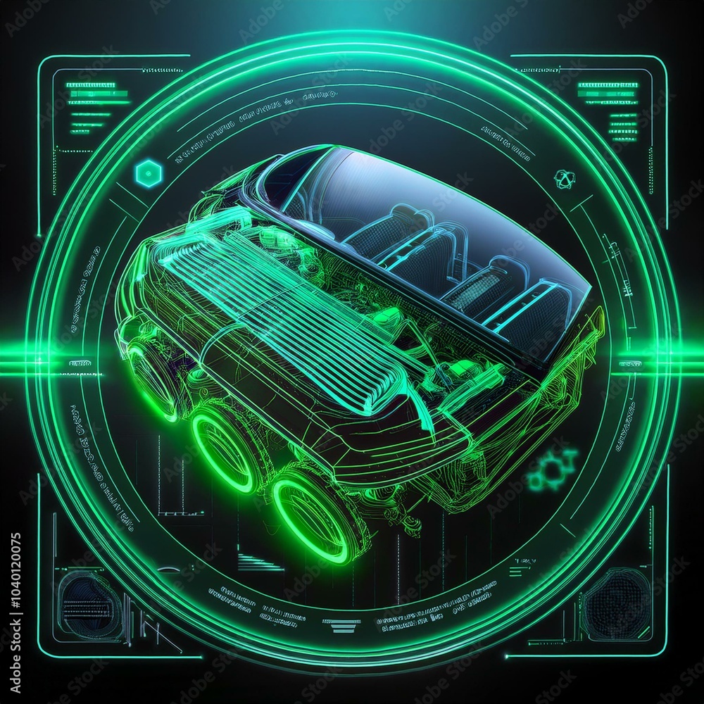 Canvas Prints a neon green holographic display showing real time diagnostics of a futuristic car engine
