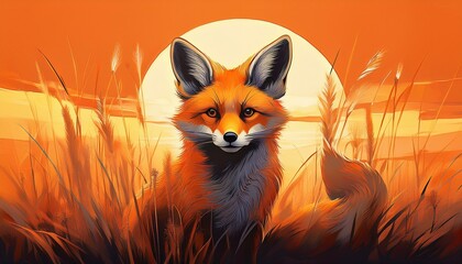 Obraz premium a painting depicts a small fox amidst tall blades of grass against an orange sky