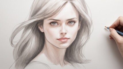Portrait of a young woman being drawn by a hand with a pencil on white paper background