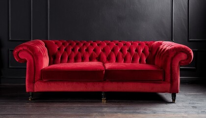a plush crimson velvet sofa with elegant tufted back cushions rests on a black wood floor a timeless piece of furniture that evokes a sense of comfort and sophistication