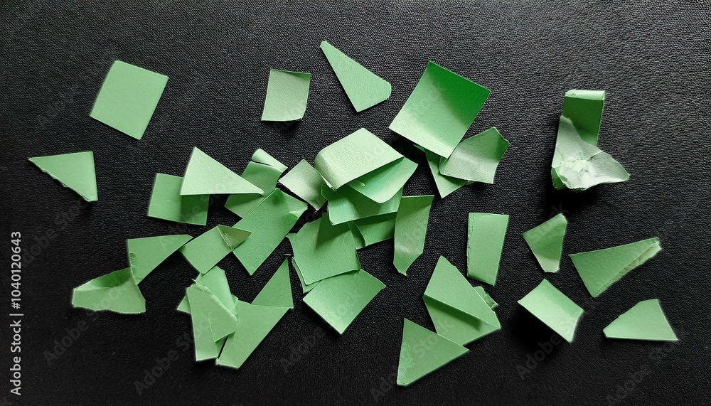 Sticker a scattering of green paper fragments on a dark surface a visual representation of discarded thought