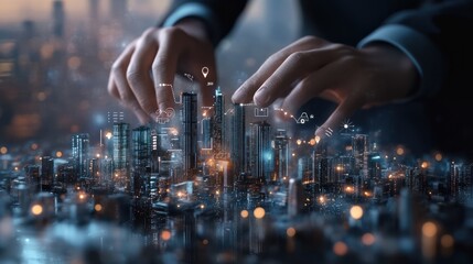 Businessman touching a digital cityscape with smart technology and internet of things icons on a virtual screen, representing a real estate business concept