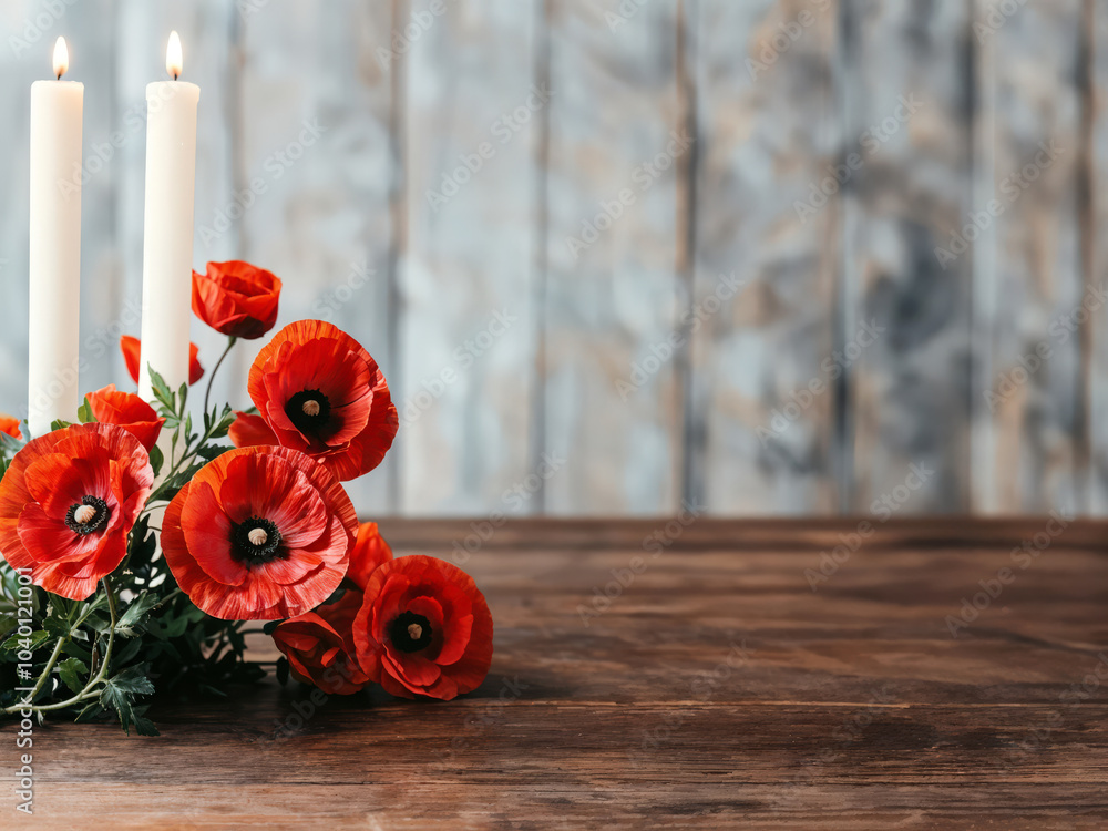 Poster red poppies and white candles are burning on a rustic wooden table with a blurred wooden background