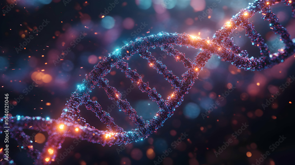 Poster scientific visualization of interconnected dna strands with neural network elements in a futuristic 