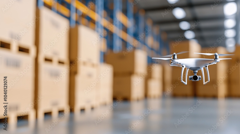 Poster futuristic automated warehouse with drones and packaging lines - logistics management and inventory 