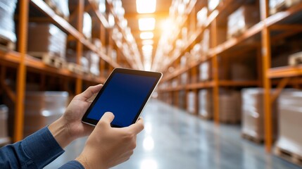 Efficient Inventory Management in a Modern Warehouse - Manager Using Tablet to Oversee Stacked Pallets on High Steel Racks