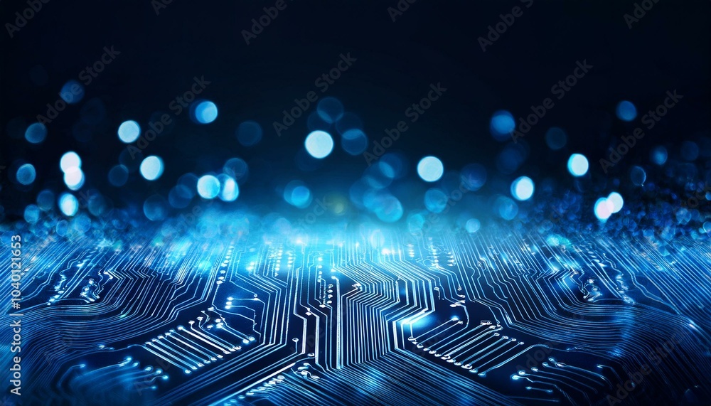 Sticker abstract blue circuit board background with glowing dots and bokeh lights on dark black background