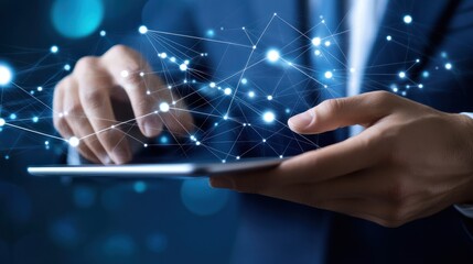 Businessman using a tablet and touching a digital connection network on a dark blue background, a close up of a hand holding a tablet with global connections or data transfer technology concept