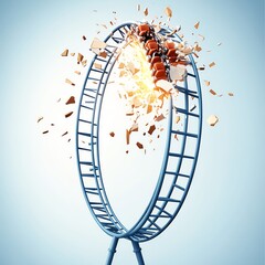 Graph lines turning into a literal roller coaster ride, with the track breaking apart as it plunges, 3D illustration