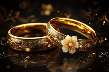 Two ornate gold wedding rings resting on reflective black surface