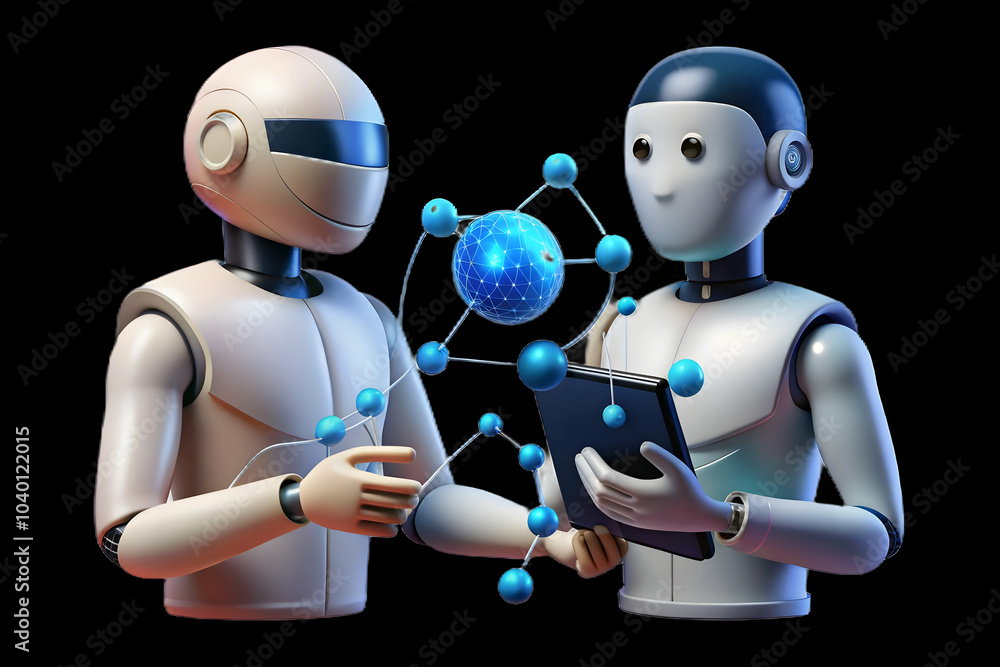 Poster human robot digital data exchange flowing streams concept digital art soft bokeh effect collaboratio