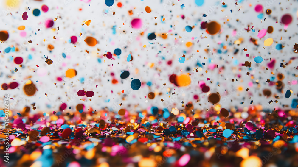 Poster a colorful explosion of confetti is scattered across the ground. the confetti is in various colors a