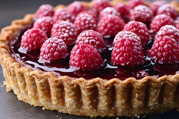 A delicious raspberry tart topped with fresh raspberries and a glossy fruit glaze.