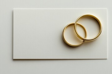 Two golden wedding rings resting on blank card on white background