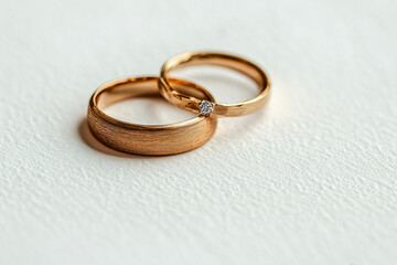 Two golden wedding rings resting on white background