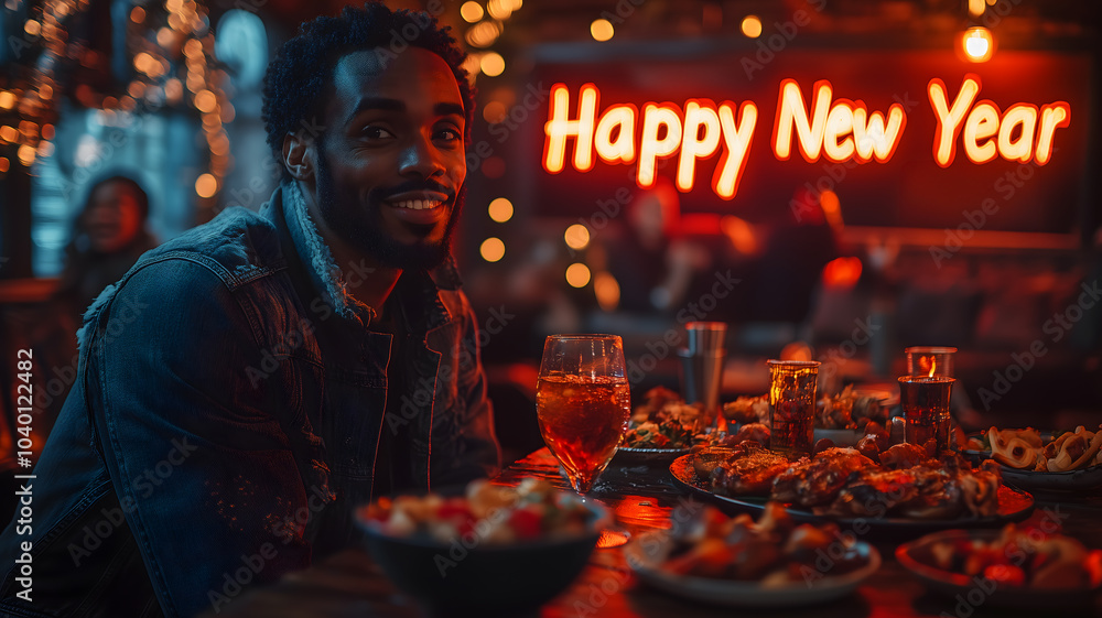 Poster a man is sitting at a table with a sign that says happy new year. he is smiling and looking at the c