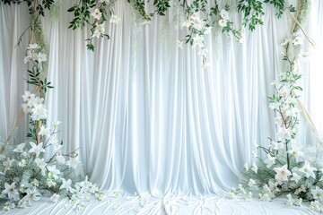Neoclassical style pale blue studio backdrop with a matte finish, white satin curtains with light gold embroidery, complemented by clusters of white lilies and trailing ivy