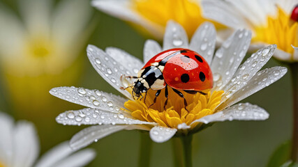 Fototapeta premium Ladybug resting on dewy daisy flower in a serene garden setting bathed in soft natural morning light.