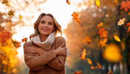 autumn joy woman embracing falling leaves