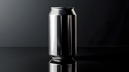 Blank mockup template of a beverage can with custom labeling on a reflective surface.