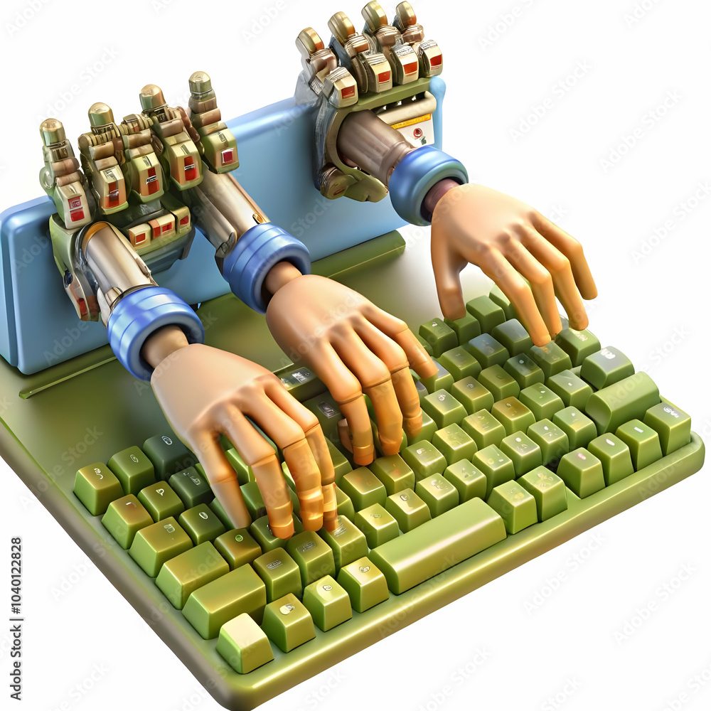 Poster close up human robotic hands typing together keyboard macro shot collaborative digital creation ampl