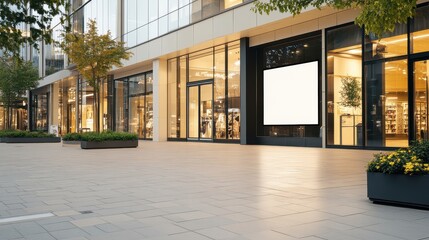 Modern shopping center with bright storefronts and blank digital billboard