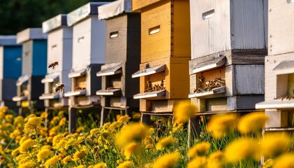 beehives lined up with busy bees and yellow flowers