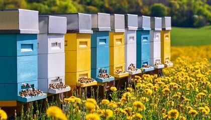 beehives lined up with busy bees and yellow flowers