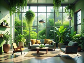 Fototapeta premium Modern Empty Room Decorated with Indoor Plants for a Serene Atmosphere