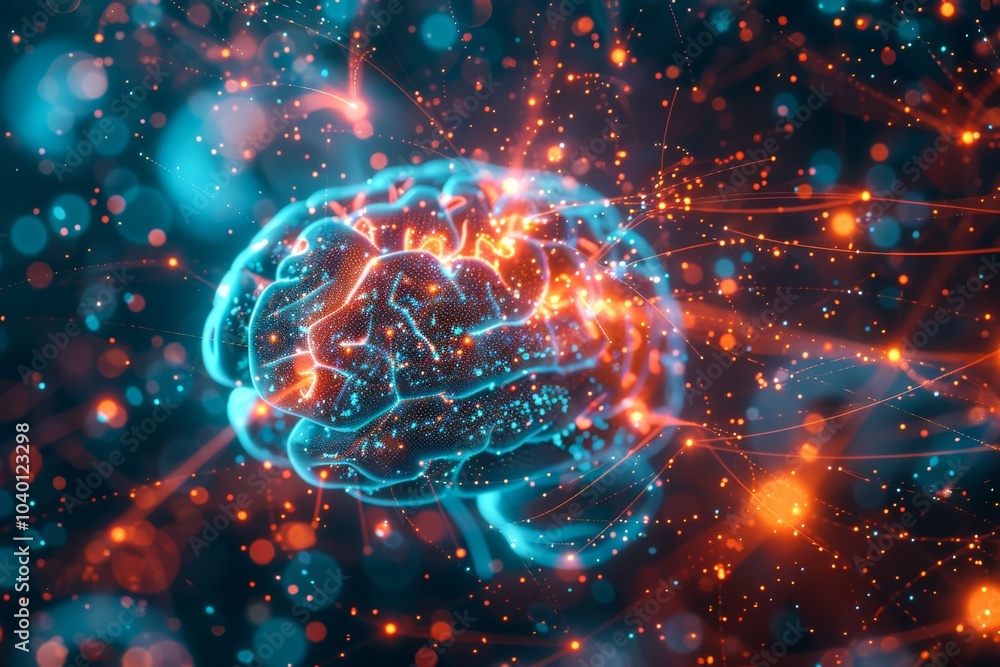 Poster neural network pathways superimposed on a human brain scan, with glowing connections illustrating th