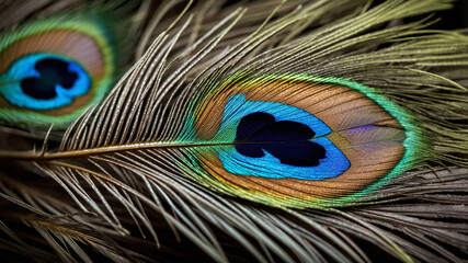 Naklejka premium Beautiful peacock feather close-up with vibrant colors and intricate patterns captured in high detail.
