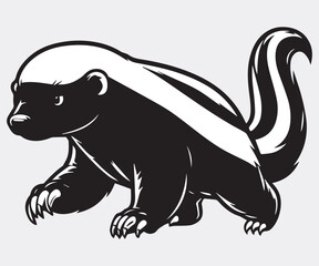 Fototapeta premium Honey Badger Vector Art tropical animal silhouette art in black and white. Badger Silhouette Isolated On White Background. 