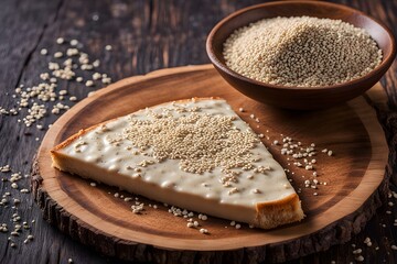 A golden slice of turkish tahini helva served on a rustic wooden plate with sesame seeds sprinkled, Ai Generated