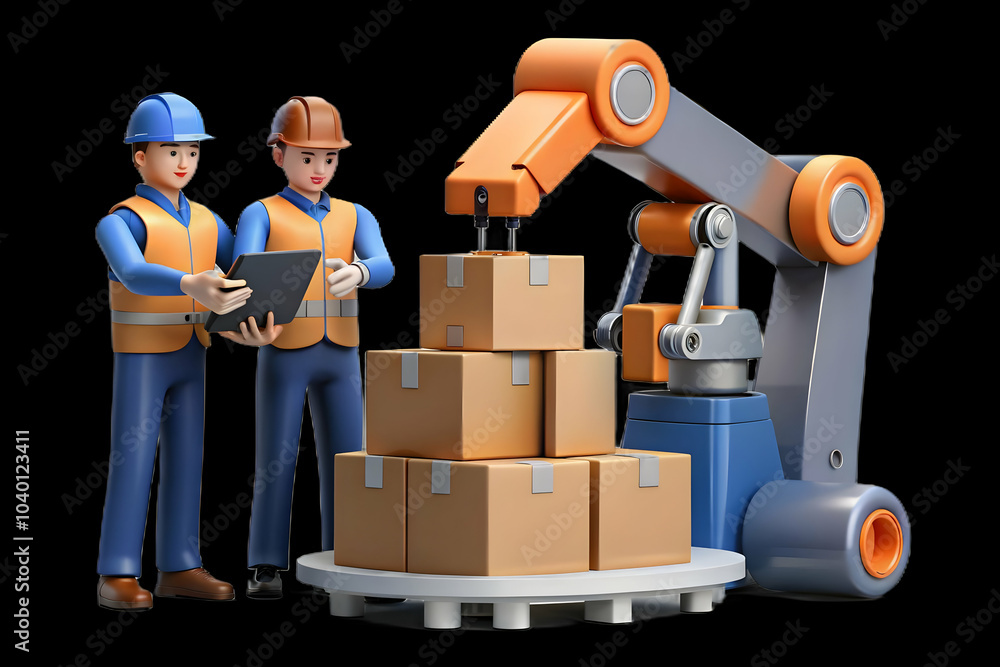 Poster logistics workers coordination robotic warehouse systems candid image employees innovative teamwork 