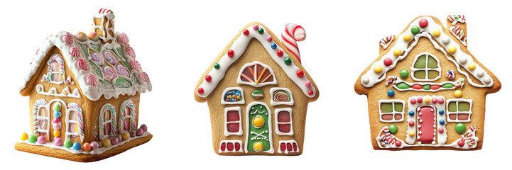 Set of a festive cookie shaped like a gingerbread house isolated on transparent background