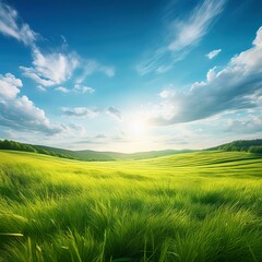 Fototapeta premium bucolic field scene grass landscape illustration sky beautiful summer day green outdoor bucolic field scene grass landscape
