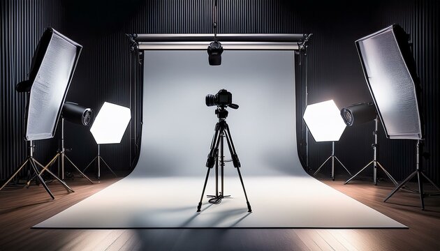 camera on tripod in a studio setup with lighting equipment