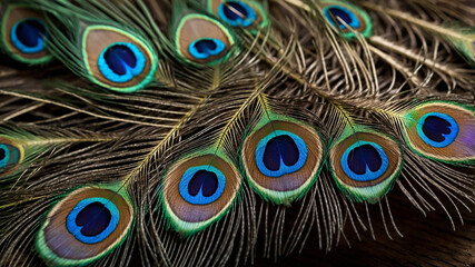 Obraz premium Beautiful peacock feather close-up with vibrant colors and intricate patterns captured in high detail.