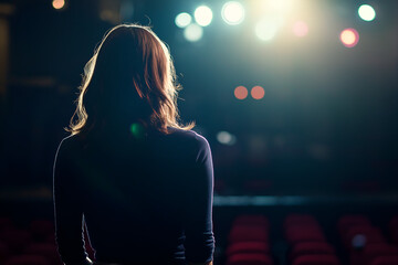 American woman giving a TED-style talk on stage shown from rear view, People photography
