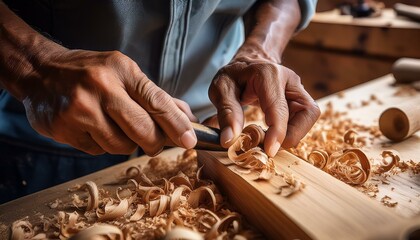 close up of wood shavings curling off a gouge as a craftsman carves wood rich texture in natural light