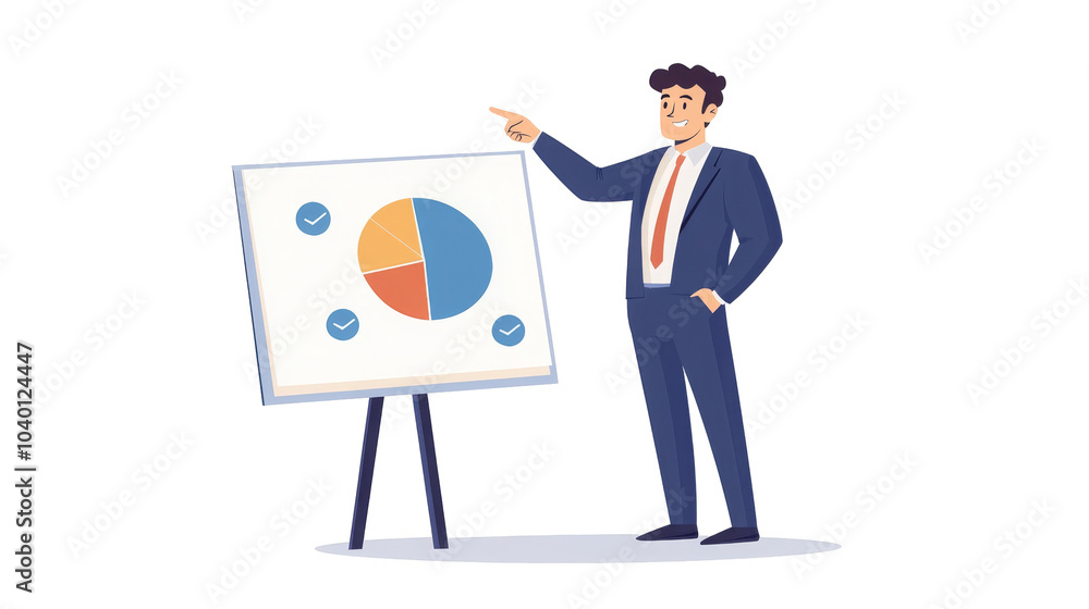 Poster a professional man gestures towards a pie chart on a presentation board, wearing a suit, conveying d