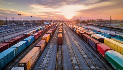 colorful cargo trains lined up in an urban rail yard at sunset showcasing industrial transportation and logistics