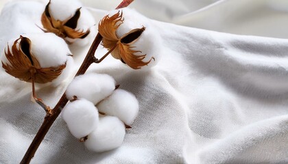 cotton flower on white cotton fabric cloth background cotton buds on a tree