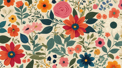 Colorful floral pattern with various flowers and leaves intricately woven together on a light background.