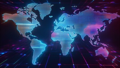cyberpunk themed world map with neon lines glitch effects and a digital grid pattern background