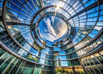 Naklejka premium Modern Glass Building with Circular Design Showcasing Innovation and Light Interplay