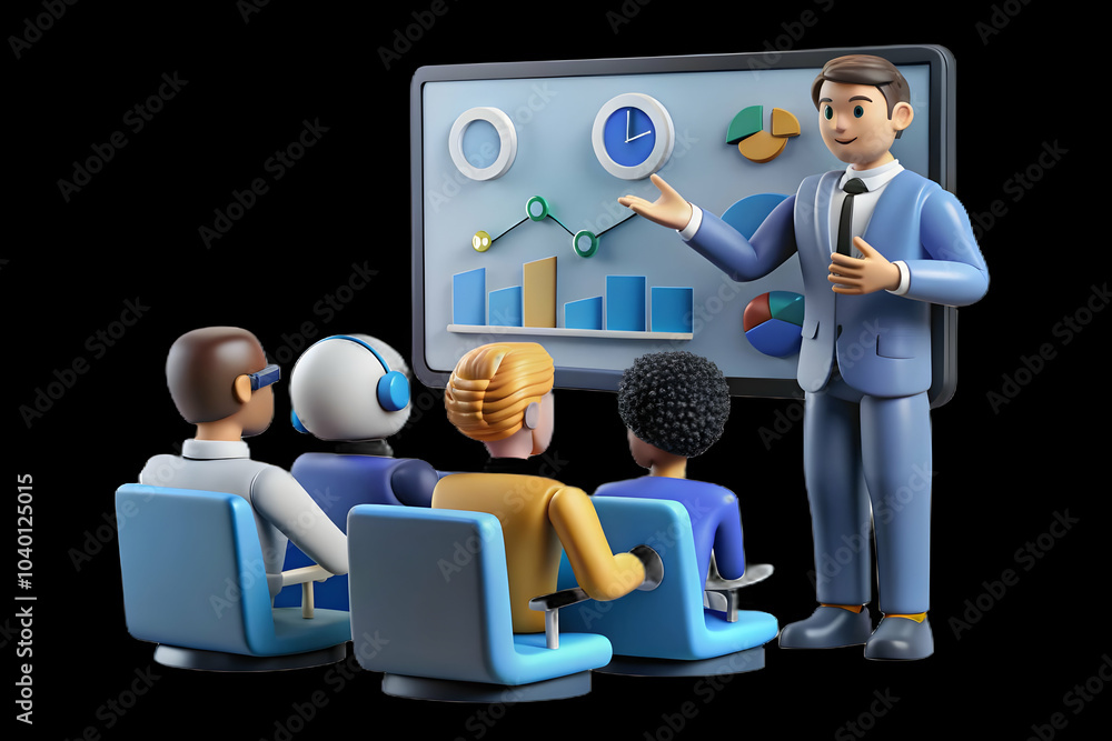 Poster manager explaining ai analytics to team members with interactive digital display in engaging confere